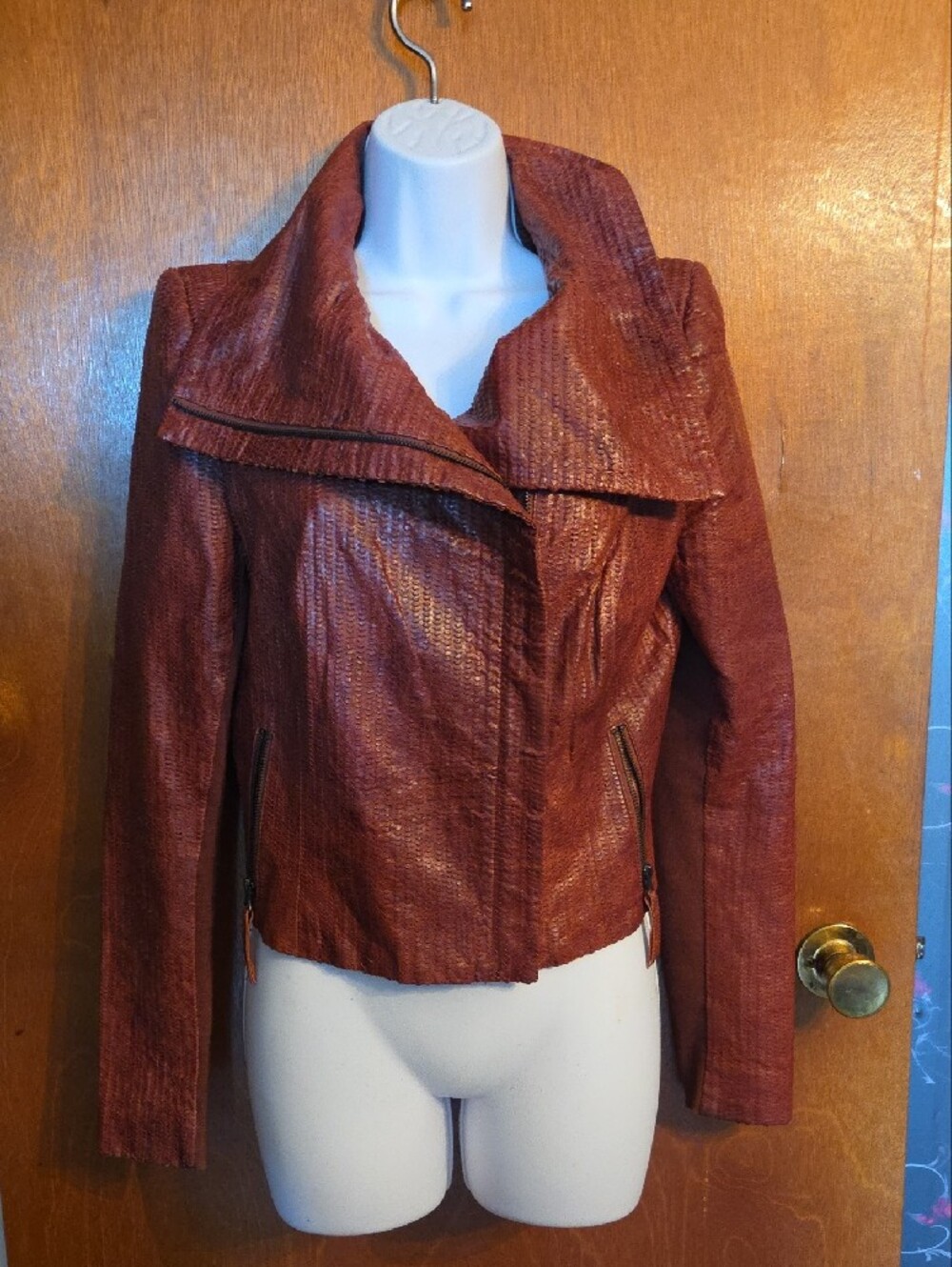 Vero Moda Rust-Brown Textured Faux-Leather Moto Jacket - Picture 7 of 9